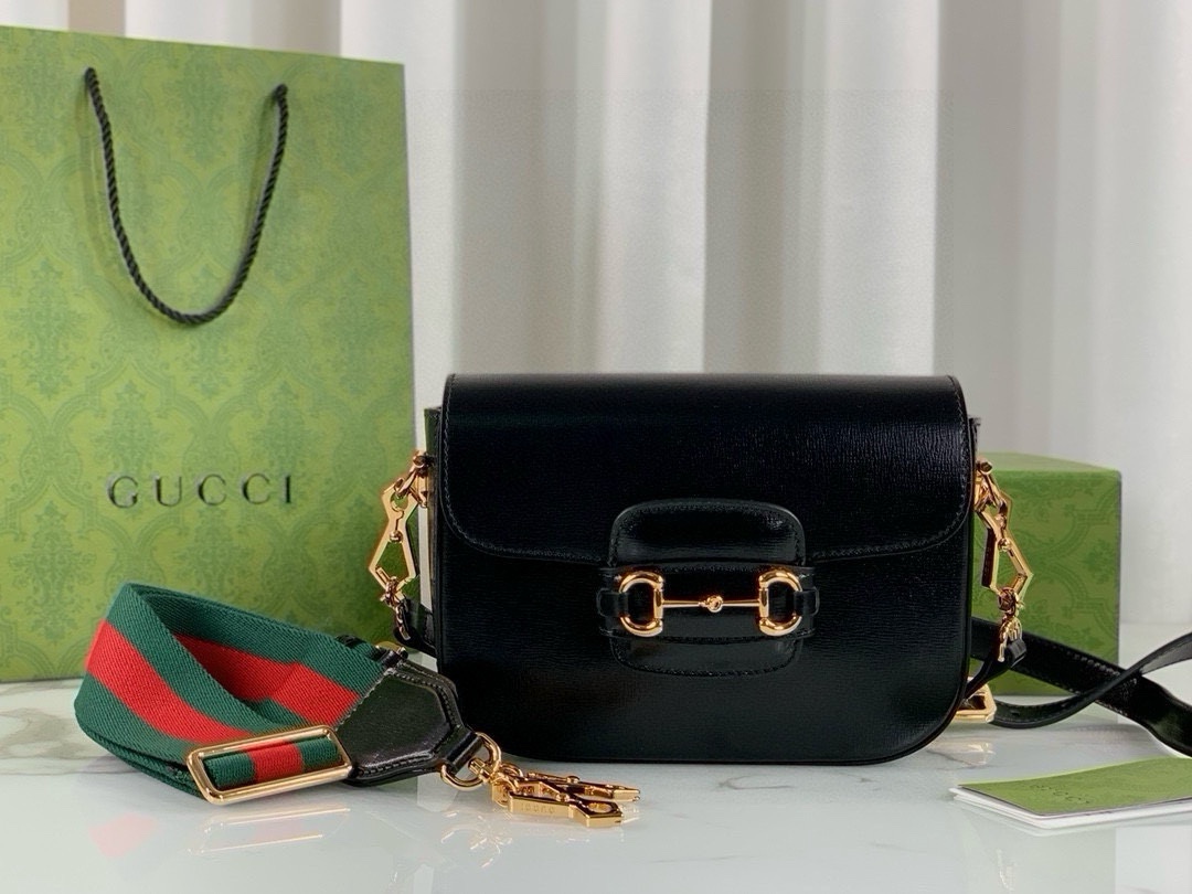 Gucci Horsebit 1955 Series Saddle Bag Mini Handbag Black Leather